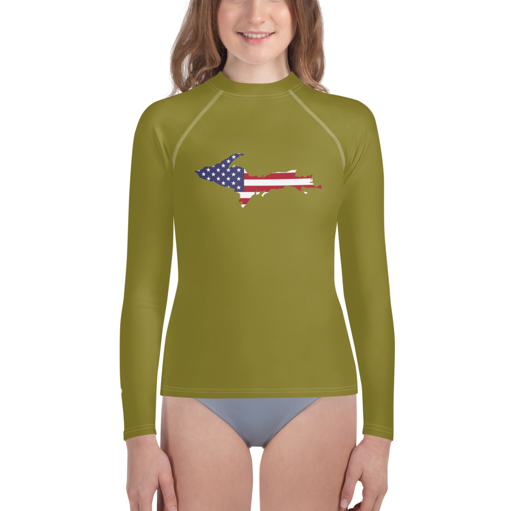 Michigan Upper Peninsula Rash Guard (w/ UP USA Flag) | Youth - Scrub Gold