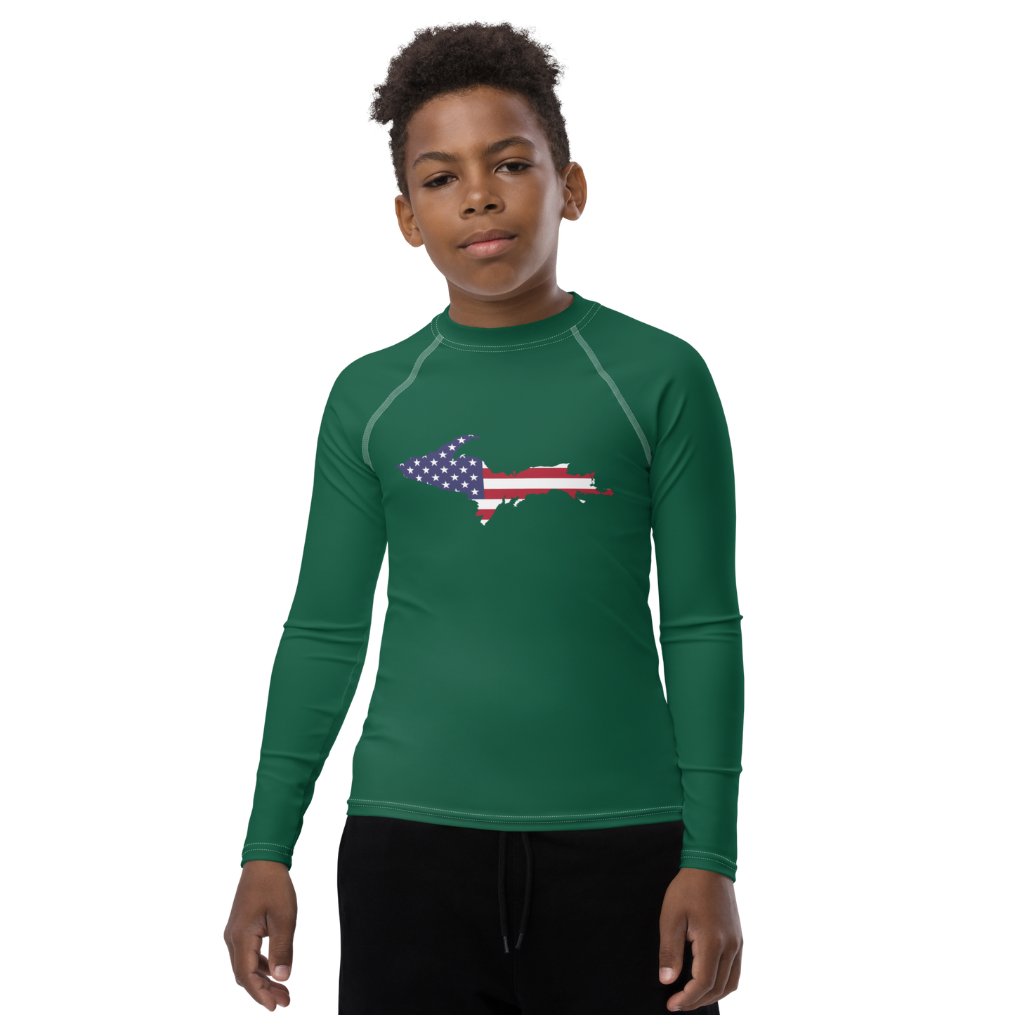 Michigan Upper Peninsula Rash Guard (w/ UP USA Flag) | Youth - Superior Green