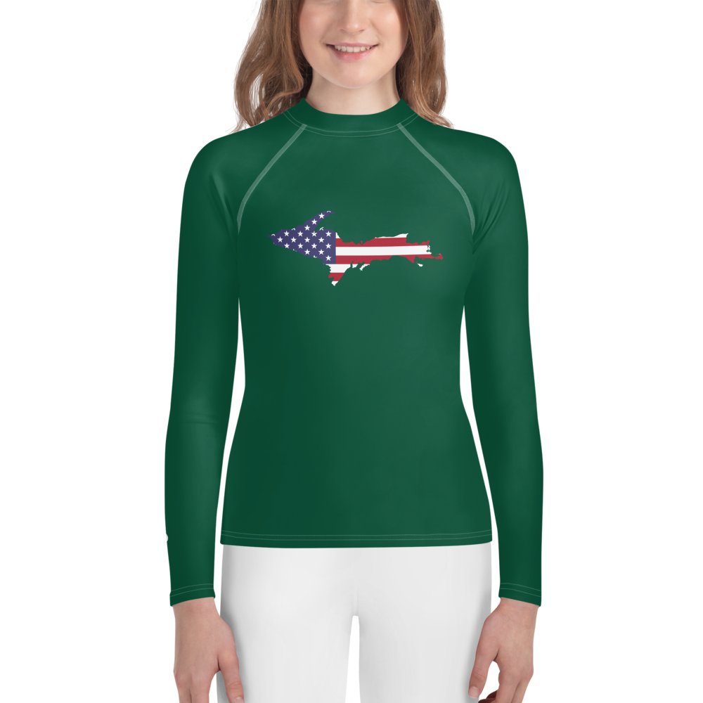 Michigan Upper Peninsula Rash Guard (w/ UP USA Flag) | Youth - Superior Green