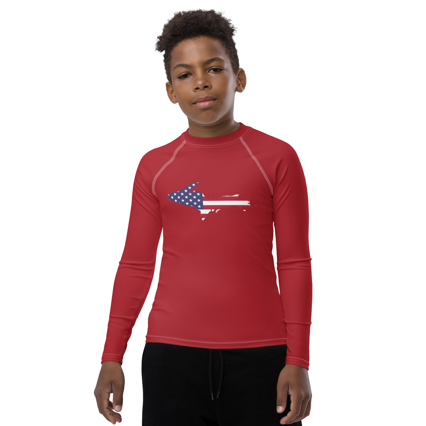 Michigan Upper Peninsula Rash Guard (w/ UP USA Flag) | Youth - Thimbleberry Red