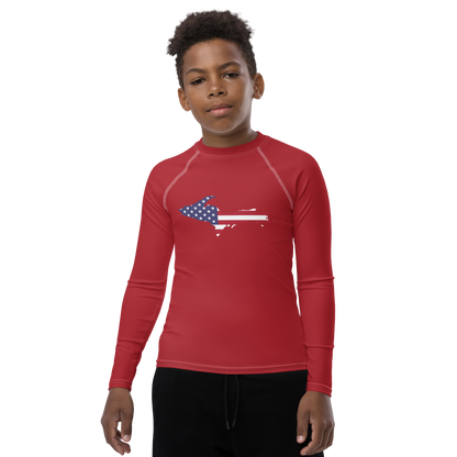 Michigan Upper Peninsula Rash Guard (w/ UP USA Flag) | Youth - Thimbleberry Red