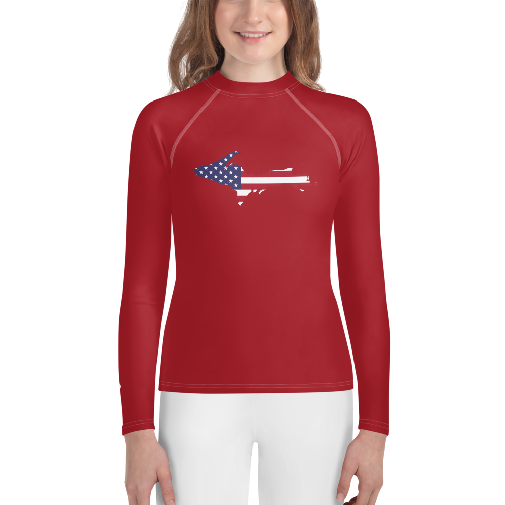 Michigan Upper Peninsula Rash Guard (w/ UP USA Flag) | Youth - Thimbleberry Red