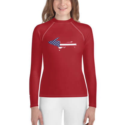 Michigan Upper Peninsula Rash Guard (w/ UP USA Flag) | Youth - Thimbleberry Red