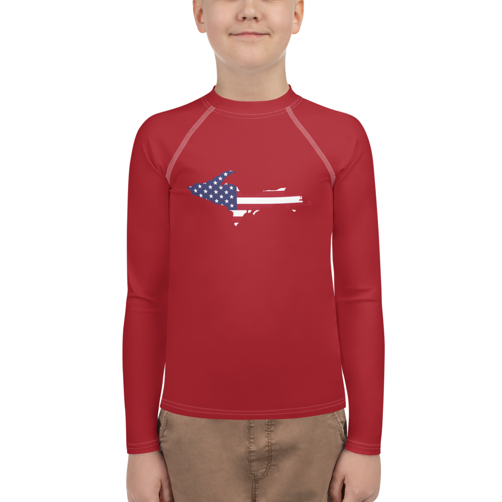 Michigan Upper Peninsula Rash Guard (w/ UP USA Flag) | Youth - Thimbleberry Red