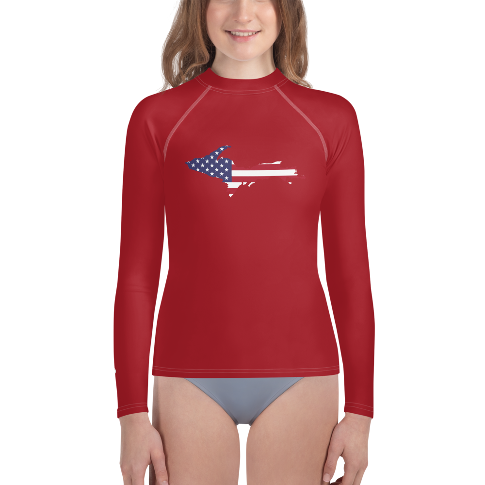 Michigan Upper Peninsula Rash Guard (w/ UP USA Flag) | Youth - Thimbleberry Red