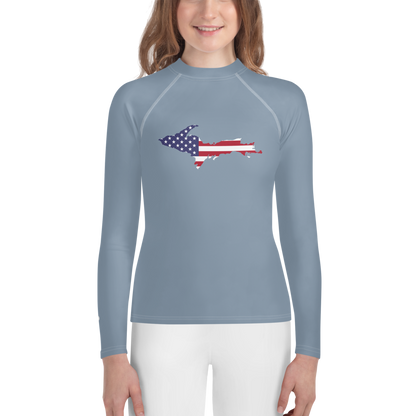 Michigan Upper Peninsula Rash Guard (w/ UP USA Flag) | Youth - B-24 Grey