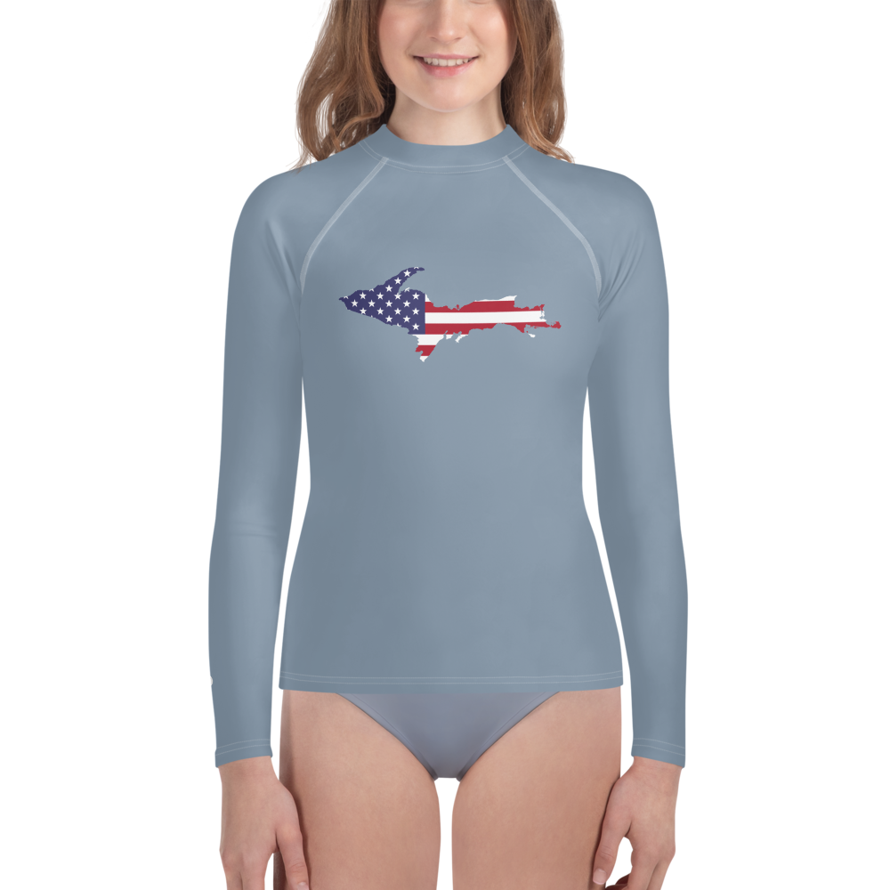 Michigan Upper Peninsula Rash Guard (w/ UP USA Flag) | Youth - B-24 Grey