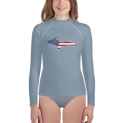 Michigan Upper Peninsula Rash Guard (w/ UP USA Flag) | Youth - B-24 Grey