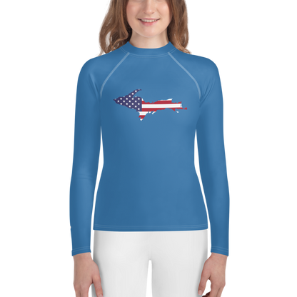 Michigan Upper Peninsula Rash Guard (w/ UP USA Flag) | Youth - Lake Superior Blue