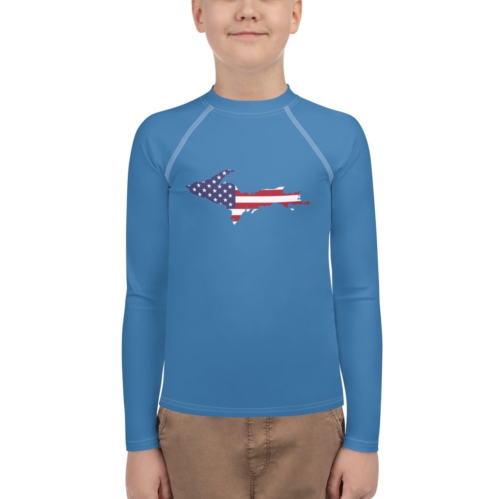 Michigan Upper Peninsula Rash Guard (w/ UP USA Flag) | Youth - Lake Superior Blue