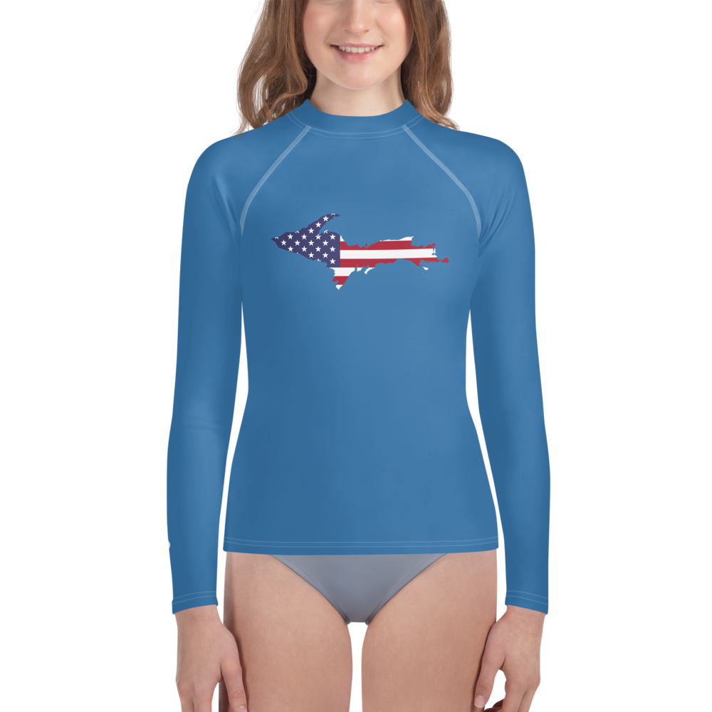 Michigan Upper Peninsula Rash Guard (w/ UP USA Flag) | Youth - Lake Superior Blue