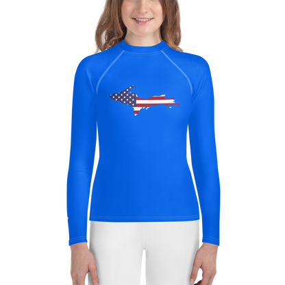 Michigan Upper Peninsula Rash Guard (w/ UP USA Flag) | Youth - Motor Town Blue