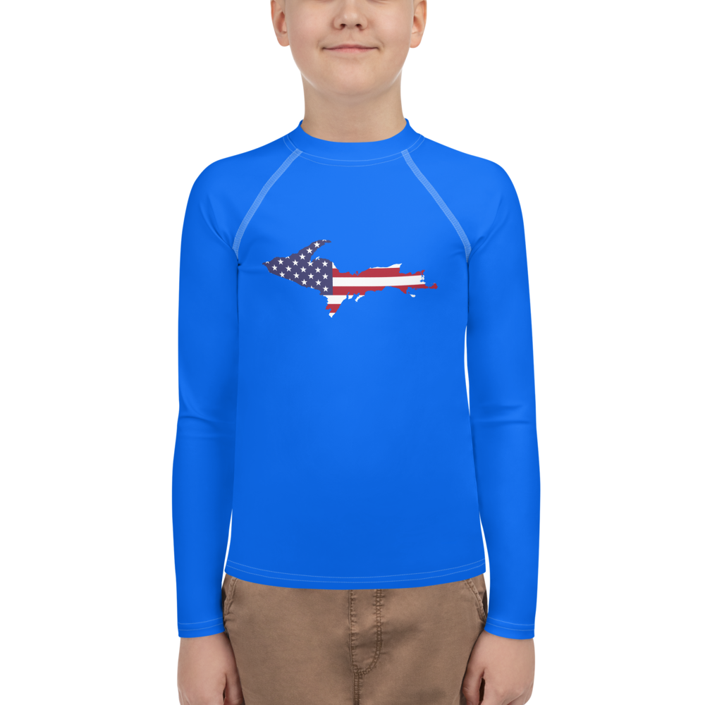 Michigan Upper Peninsula Rash Guard (w/ UP USA Flag) | Youth - Motor Town Blue