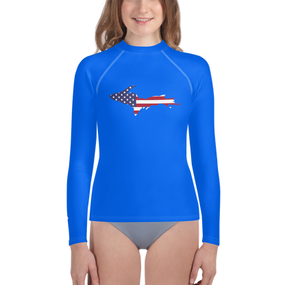 Michigan Upper Peninsula Rash Guard (w/ UP USA Flag) | Youth - Motor Town Blue