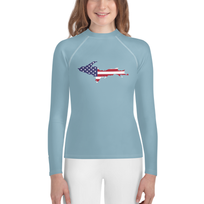 Michigan Upper Peninsula Rash Guard (w/ UP USA Flag) | Youth - Opal Blue