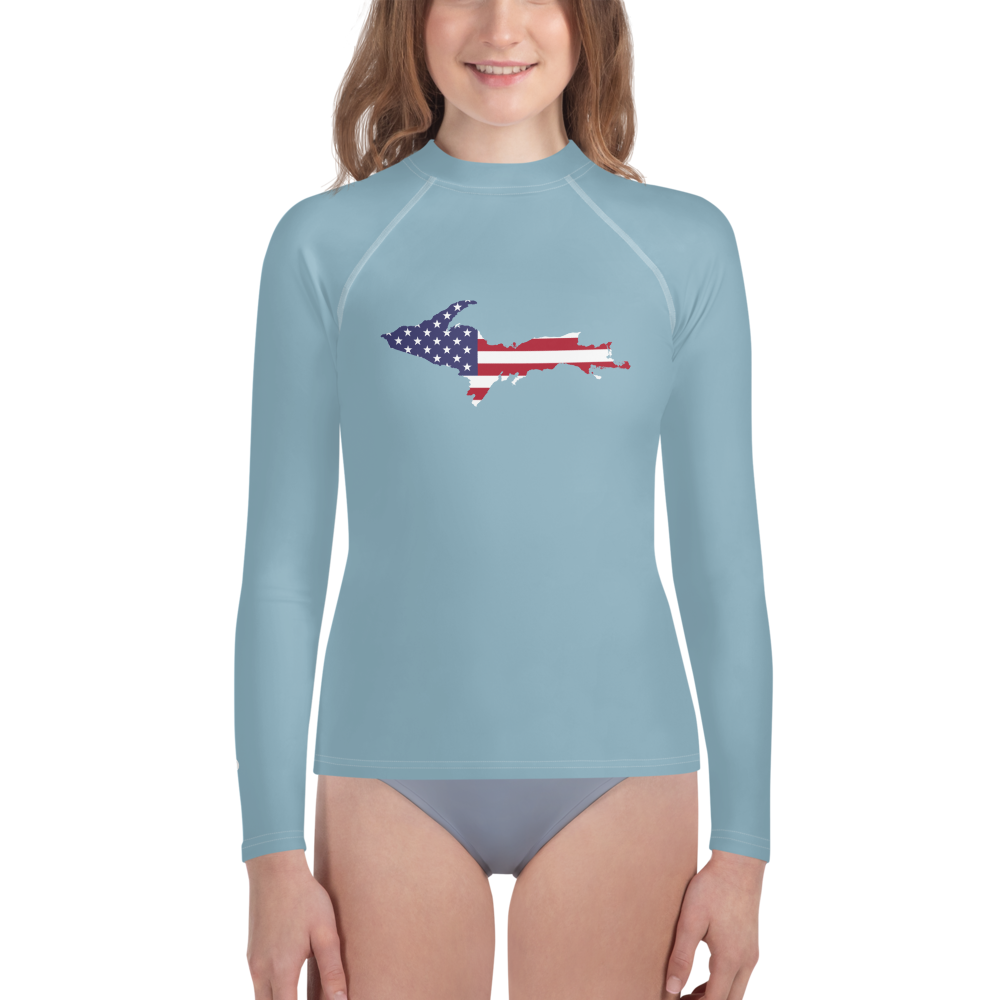 Michigan Upper Peninsula Rash Guard (w/ UP USA Flag) | Youth - Opal Blue