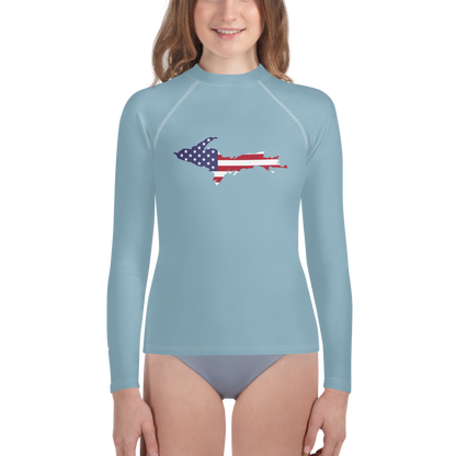 Michigan Upper Peninsula Rash Guard (w/ UP USA Flag) | Youth - Opal Blue