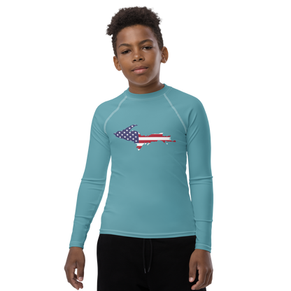 Michigan Upper Peninsula Rash Guard (w/ UP USA Flag) | Youth - Lake Huron Blue