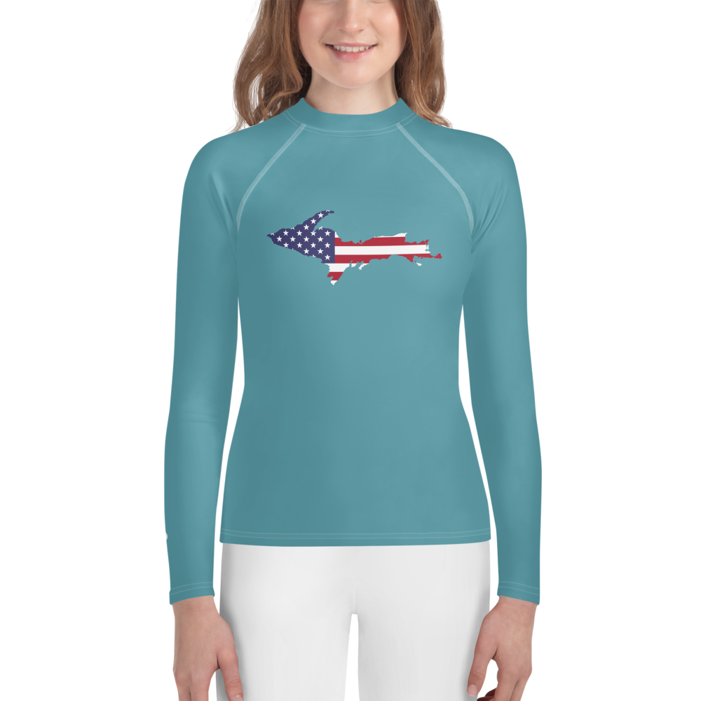 Michigan Upper Peninsula Rash Guard (w/ UP USA Flag) | Youth - Lake Huron Blue