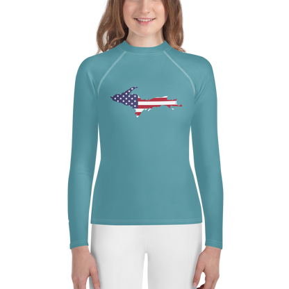 Michigan Upper Peninsula Rash Guard (w/ UP USA Flag) | Youth - Lake Huron Blue