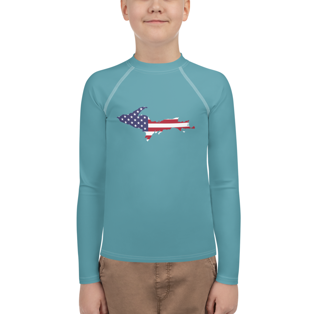 Michigan Upper Peninsula Rash Guard (w/ UP USA Flag) | Youth - Lake Huron Blue