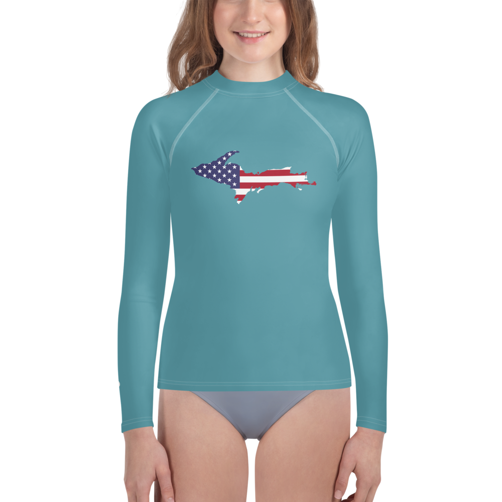 Michigan Upper Peninsula Rash Guard (w/ UP USA Flag) | Youth - Lake Huron Blue