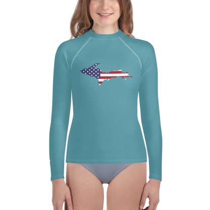 Michigan Upper Peninsula Rash Guard (w/ UP USA Flag) | Youth - Lake Huron Blue