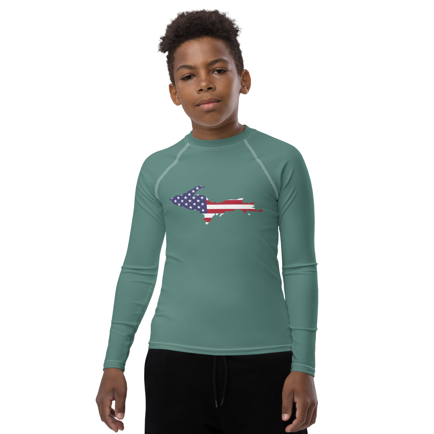 Michigan Upper Peninsula Rash Guard (w/ UP USA Flag) | Youth - Copper Green