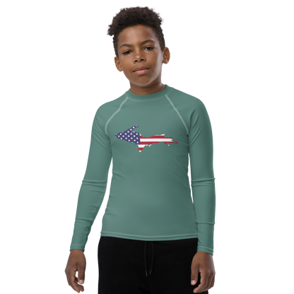 Michigan Upper Peninsula Rash Guard (w/ UP USA Flag) | Youth - Copper Green