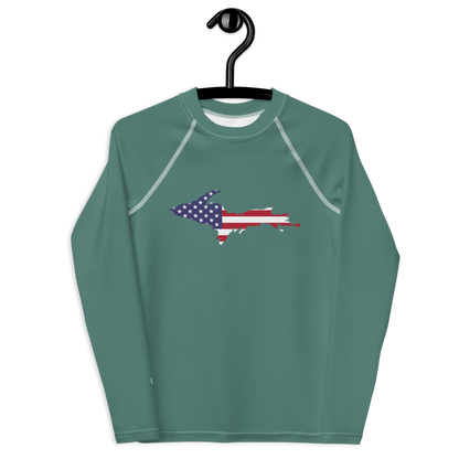 Michigan Upper Peninsula Rash Guard (w/ UP USA Flag) | Youth - Copper Green