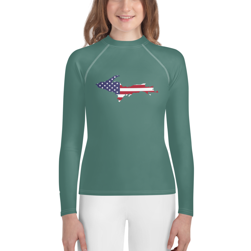 Michigan Upper Peninsula Rash Guard (w/ UP USA Flag) | Youth - Copper Green