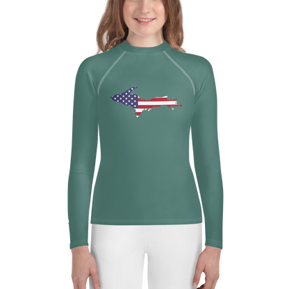 Michigan Upper Peninsula Rash Guard (w/ UP USA Flag) | Youth - Copper Green