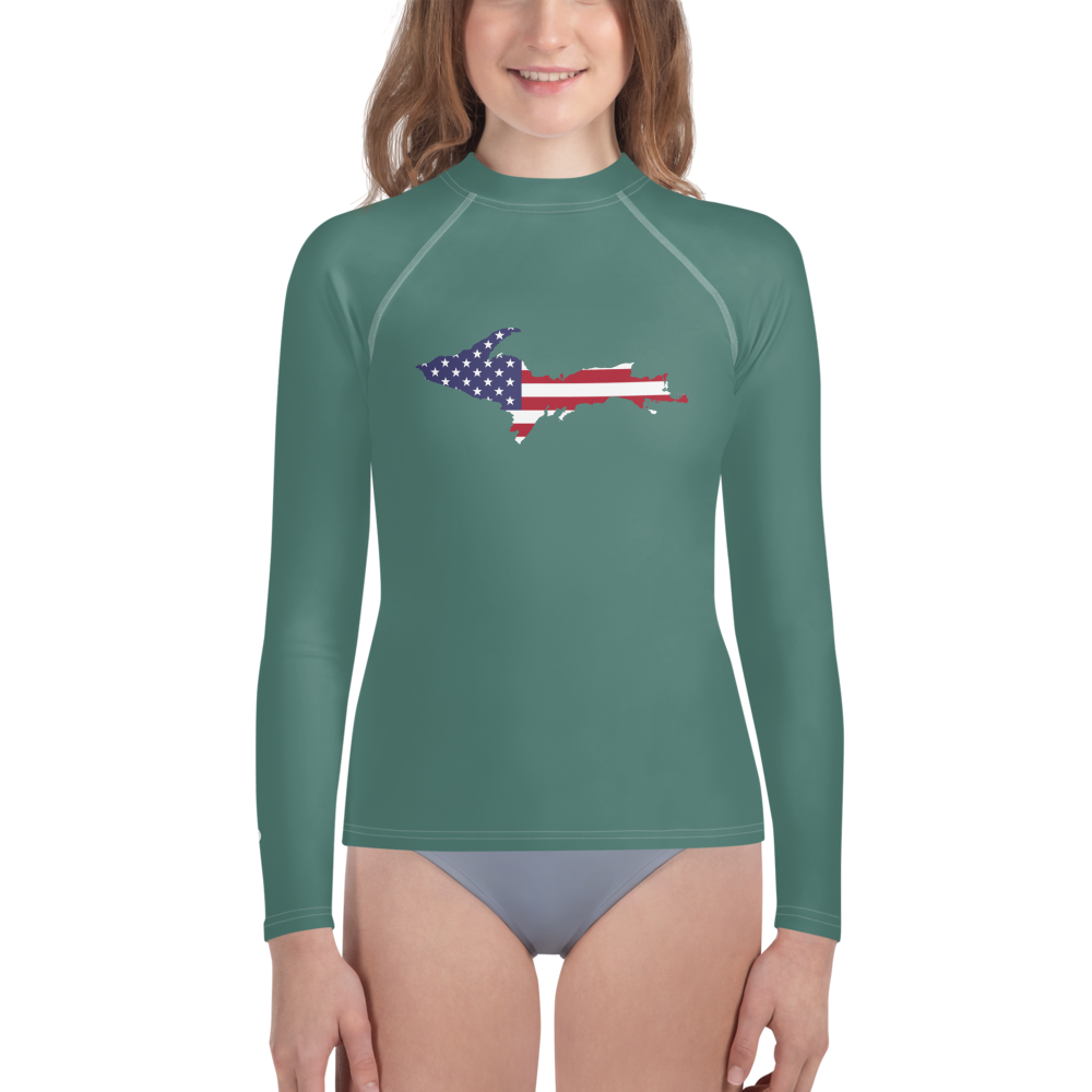 Michigan Upper Peninsula Rash Guard (w/ UP USA Flag) | Youth - Copper Green