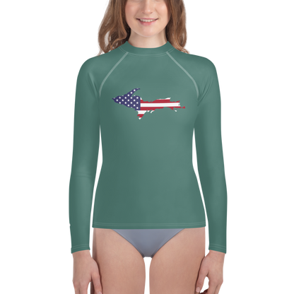 Michigan Upper Peninsula Rash Guard (w/ UP USA Flag) | Youth - Copper Green