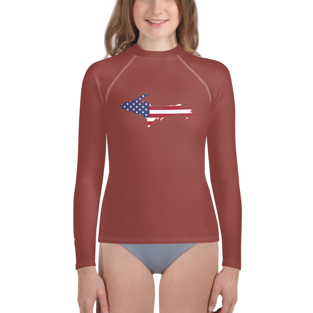 Michigan Upper Peninsula Rash Guard (w/ UP USA Flag) | Youth - Ore Dock Red