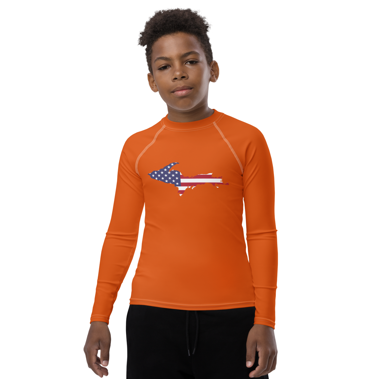 Michigan Upper Peninsula Rash Guard (w/ UP USA Flag) | Youth - Maple Leaf Orange