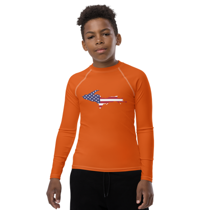 Michigan Upper Peninsula Rash Guard (w/ UP USA Flag) | Youth - Maple Leaf Orange