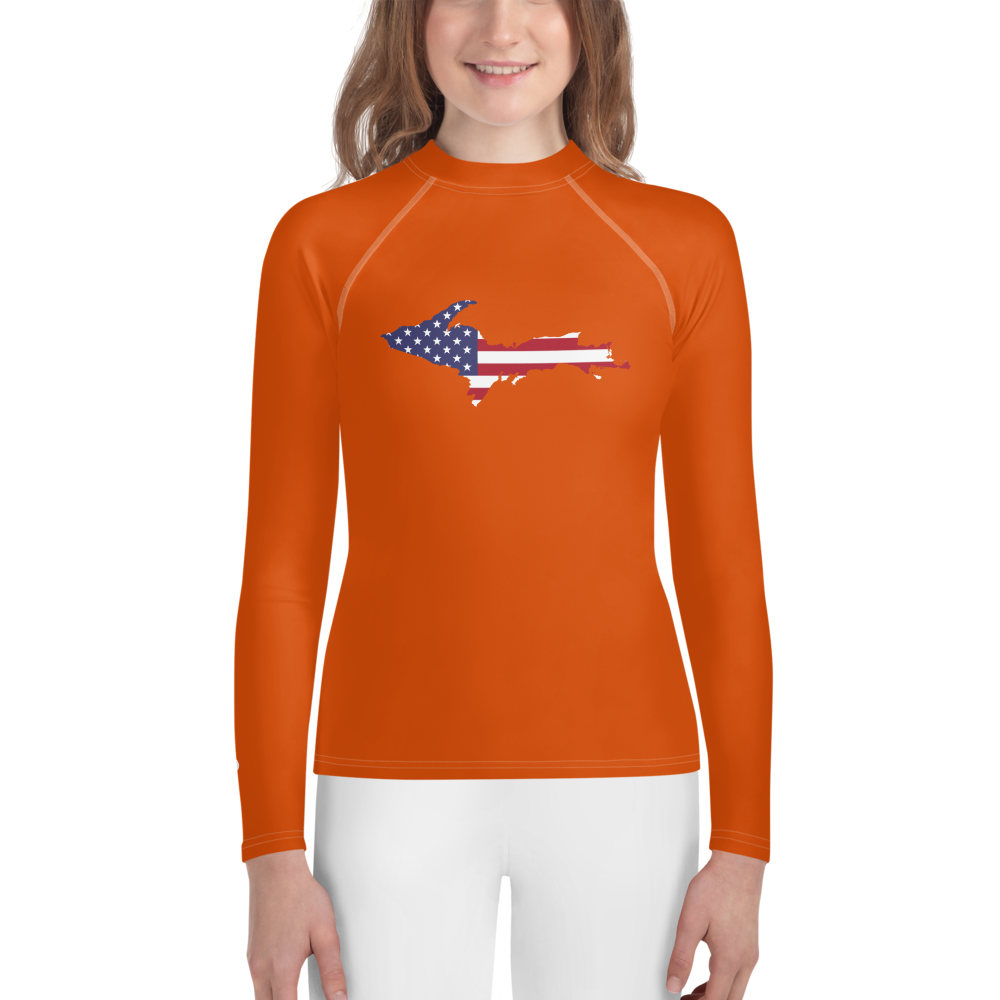 Michigan Upper Peninsula Rash Guard (w/ UP USA Flag) | Youth - Maple Leaf Orange