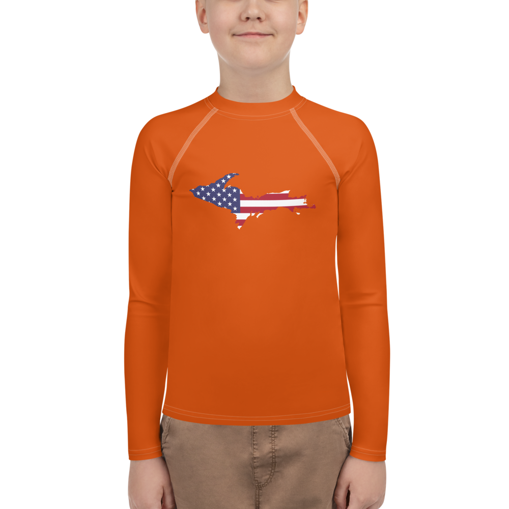 Michigan Upper Peninsula Rash Guard (w/ UP USA Flag) | Youth - Maple Leaf Orange