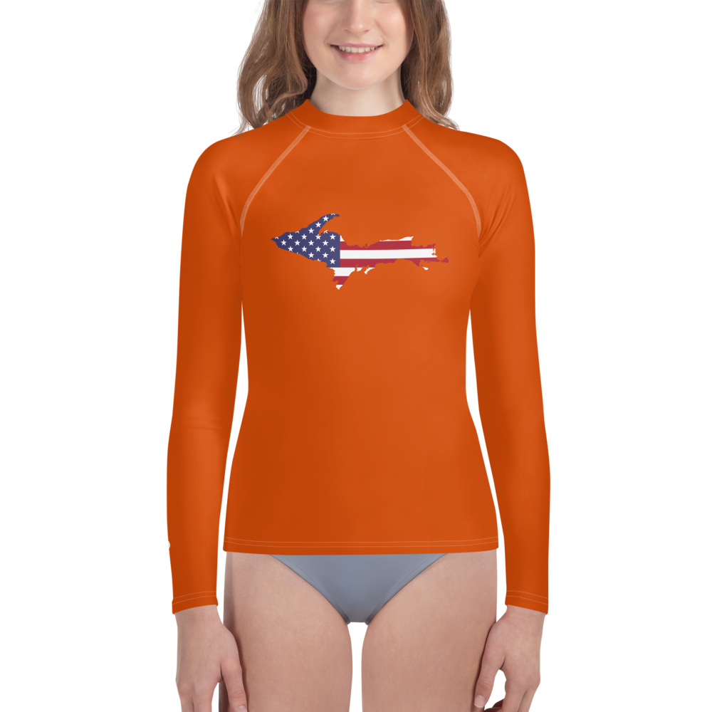 Michigan Upper Peninsula Rash Guard (w/ UP USA Flag) | Youth - Maple Leaf Orange