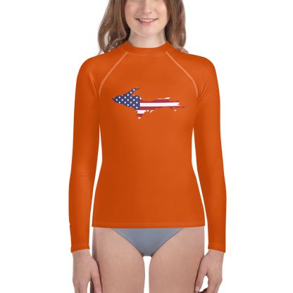 Michigan Upper Peninsula Rash Guard (w/ UP USA Flag) | Youth - Maple Leaf Orange