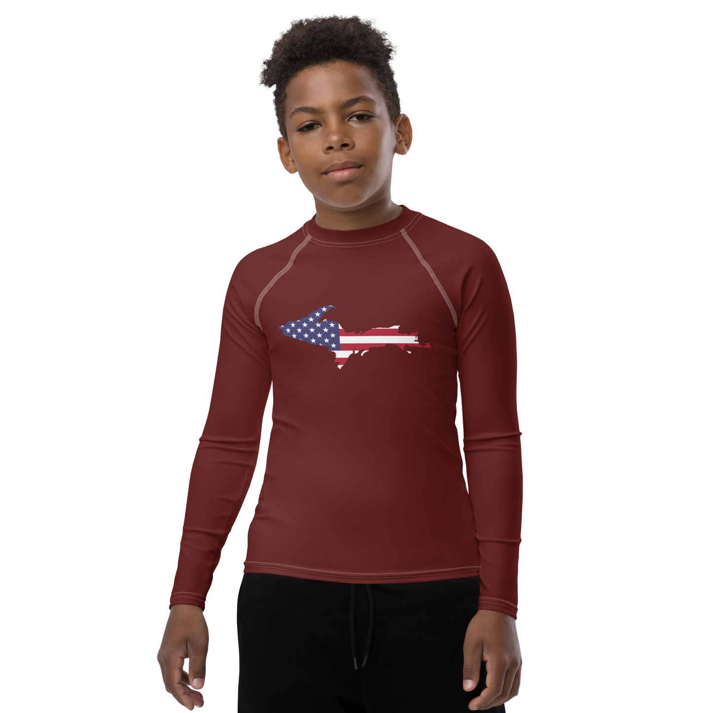 Michigan Upper Peninsula Rash Guard (w/ UP USA Flag) | Youth - Cherrywood Color