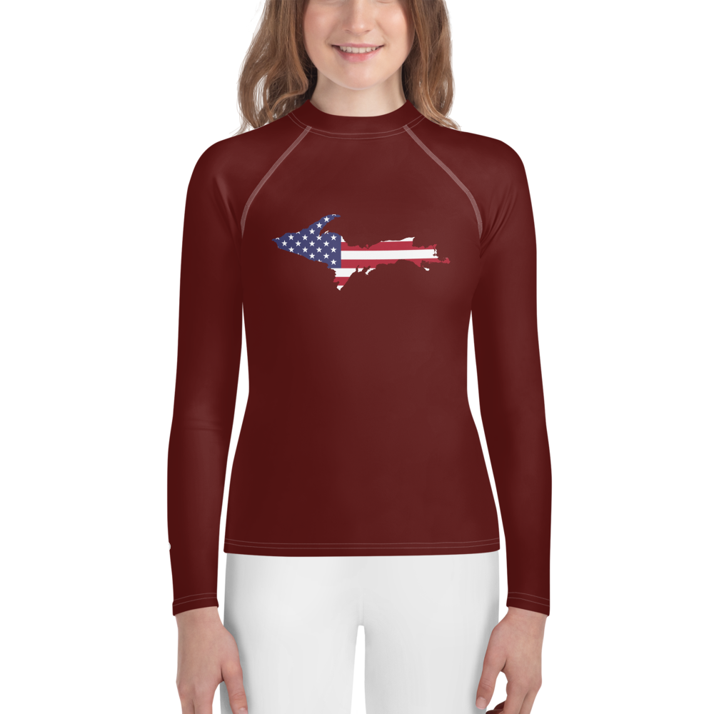 Michigan Upper Peninsula Rash Guard (w/ UP USA Flag) | Youth - Cherrywood Color