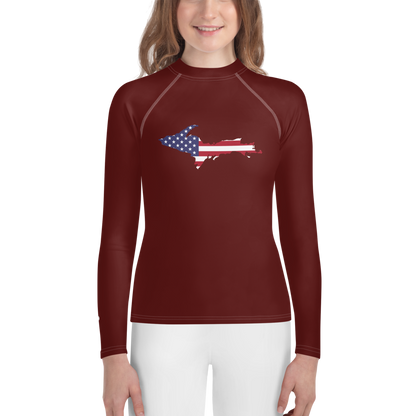 Michigan Upper Peninsula Rash Guard (w/ UP USA Flag) | Youth - Cherrywood Color