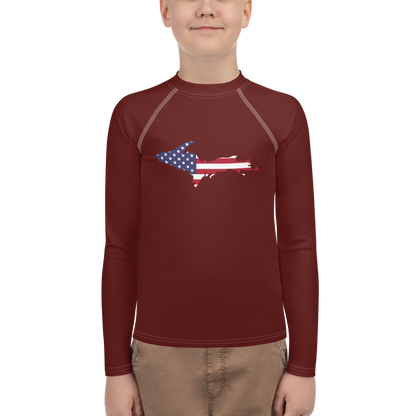 Michigan Upper Peninsula Rash Guard (w/ UP USA Flag) | Youth - Cherrywood Color