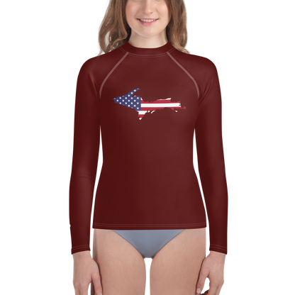 Michigan Upper Peninsula Rash Guard (w/ UP USA Flag) | Youth - Cherrywood Color