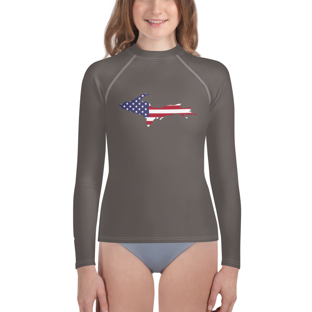 Michigan Upper Peninsula Rash Guard (w/ UP USA Flag) | Youth - Warren Tank Grey