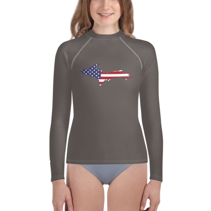 Michigan Upper Peninsula Rash Guard (w/ UP USA Flag) | Youth - Warren Tank Grey