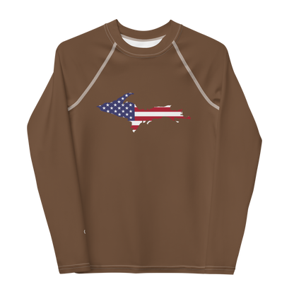 Michigan Upper Peninsula Rash Guard (w/ UP USA Flag) | Youth - Coffee Color