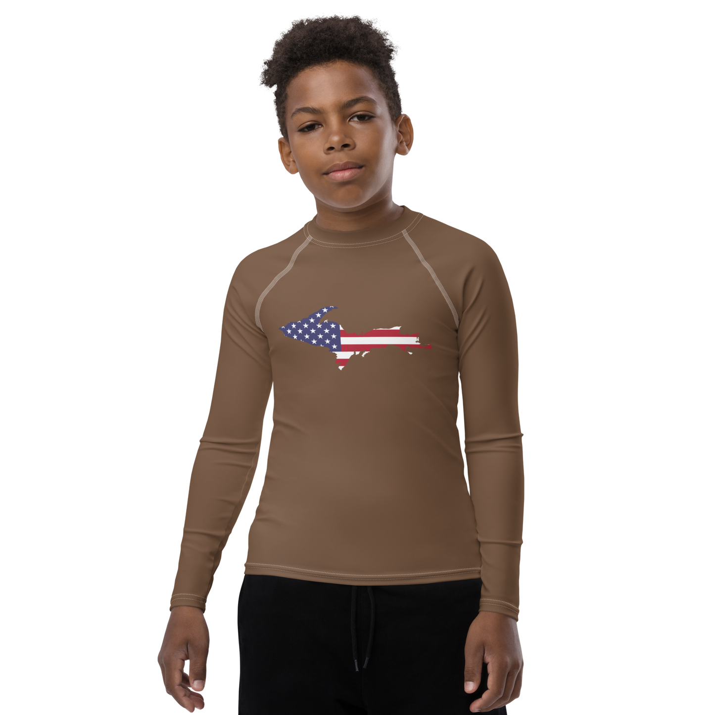 Michigan Upper Peninsula Rash Guard (w/ UP USA Flag) | Youth - Coffee Color